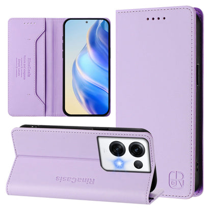OPPO Reno8 Pro 5G Dual-Folded Magnetic Suction RFID Blocking PU Leather Wallet Phone Case with Card Slots, Cash Pocket, Kickstand, Full Protective Flip Cover