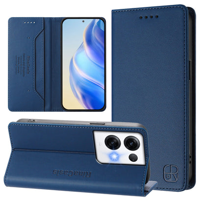 OPPO Reno8 Pro 5G Dual-Folded Magnetic Suction RFID Blocking PU Leather Wallet Phone Case with Card Slots, Cash Pocket, Kickstand, Full Protective Flip Cover