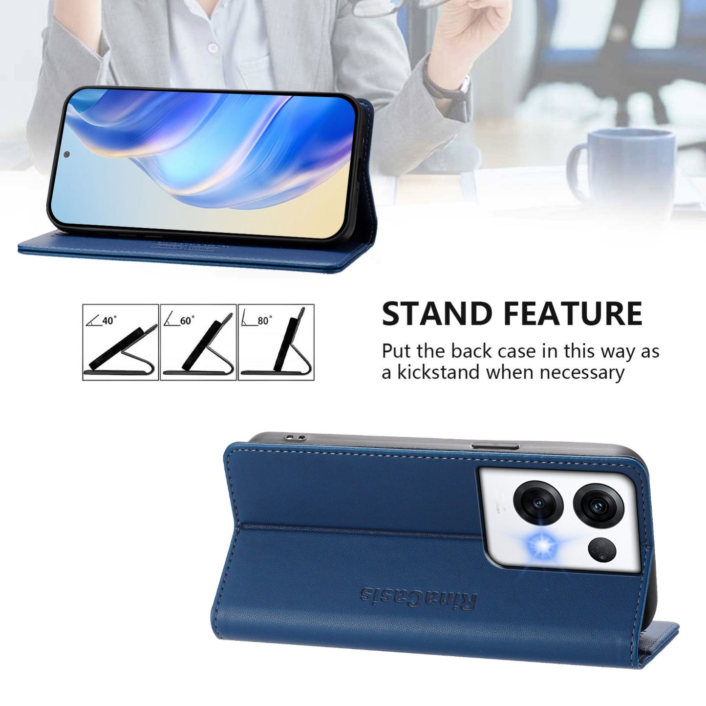 OPPO Reno8 Pro 5G Dual-Folded Magnetic Suction RFID Blocking PU Leather Wallet Phone Case with Card Slots, Cash Pocket, Kickstand, Full Protective Flip Cover