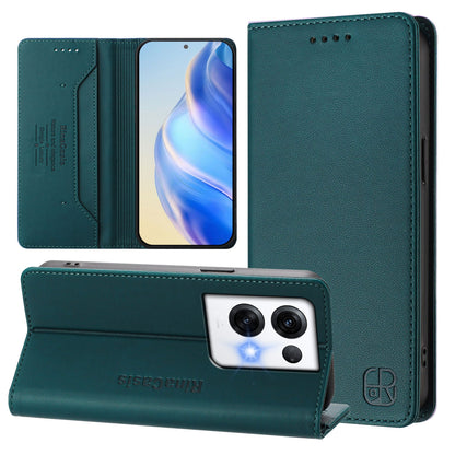 OPPO Reno8 Pro 5G Dual-Folded Magnetic Suction RFID Blocking PU Leather Wallet Phone Case with Card Slots, Cash Pocket, Kickstand, Full Protective Flip Cover
