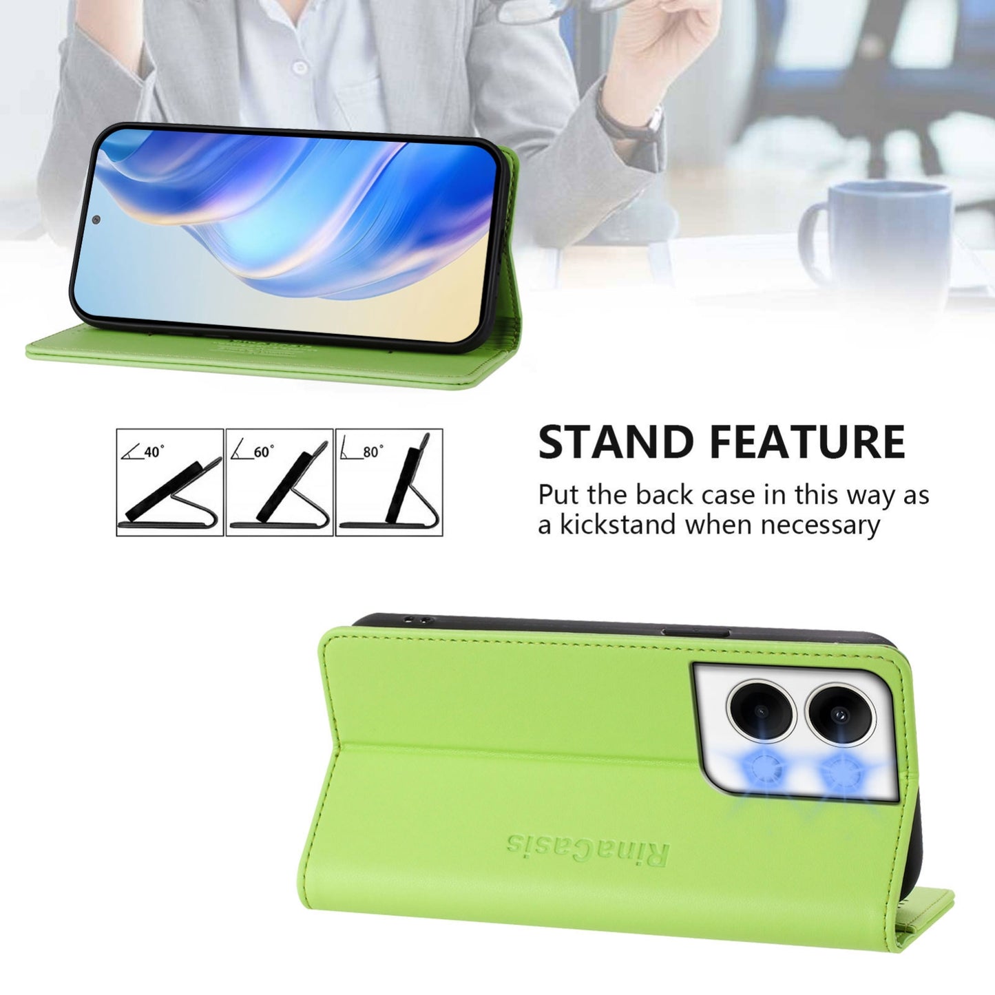 OPPO Reno9 Pro 5G Dual-Folded Magnetic Suction RFID Blocking PU Leather Wallet Phone Case with Card Slots, Cash Pocket, Kickstand, Full Protective Flip Cover