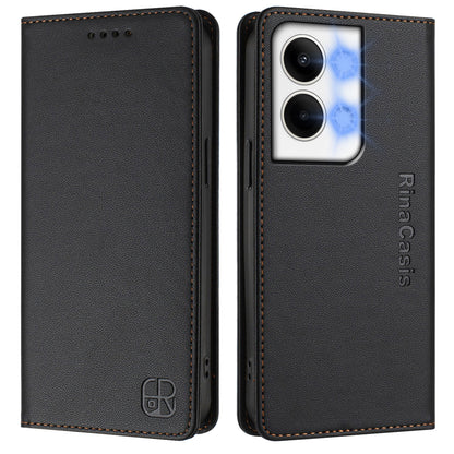 OPPO Reno9 5G Dual-Folded Magnetic Suction RFID Blocking PU Leather Wallet Phone Case with Card Slots, Cash Pocket, Kickstand, Full Protective Flip Cover