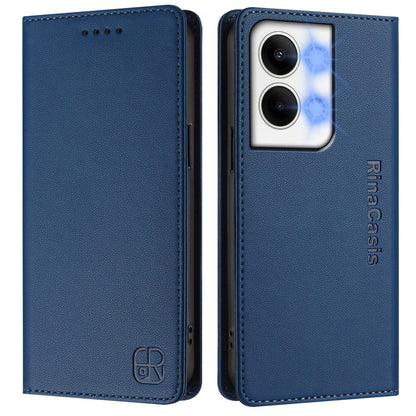 OPPO Reno9 Pro 5G Dual-Folded Magnetic Suction RFID Blocking PU Leather Wallet Phone Case with Card Slots, Cash Pocket, Kickstand, Full Protective Flip Cover