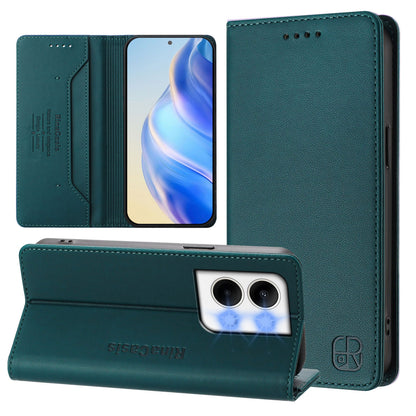 OPPO Reno9 5G Dual-Folded Magnetic Suction RFID Blocking PU Leather Wallet Phone Case with Card Slots, Cash Pocket, Kickstand, Full Protective Flip Cover