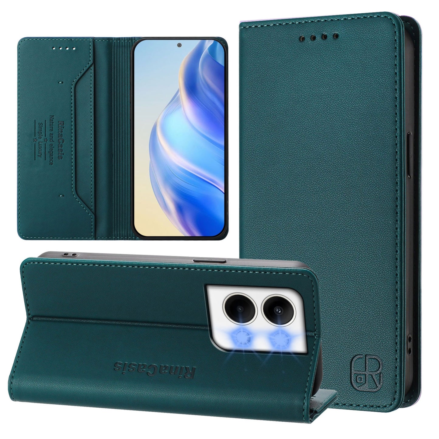 OPPO Reno9 Pro 5G Dual-Folded Magnetic Suction RFID Blocking PU Leather Wallet Phone Case with Card Slots, Cash Pocket, Kickstand, Full Protective Flip Cover