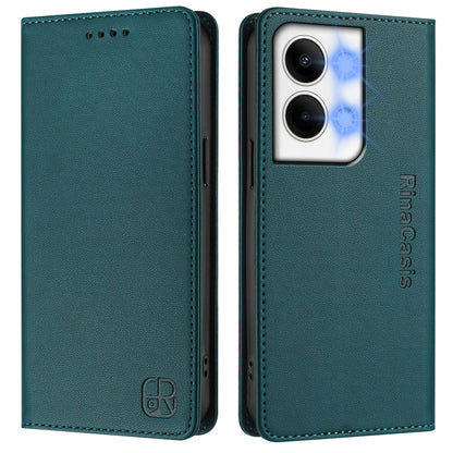 OPPO Reno9 5G Dual-Folded Magnetic Suction RFID Blocking PU Leather Wallet Phone Case with Card Slots, Cash Pocket, Kickstand, Full Protective Flip Cover
