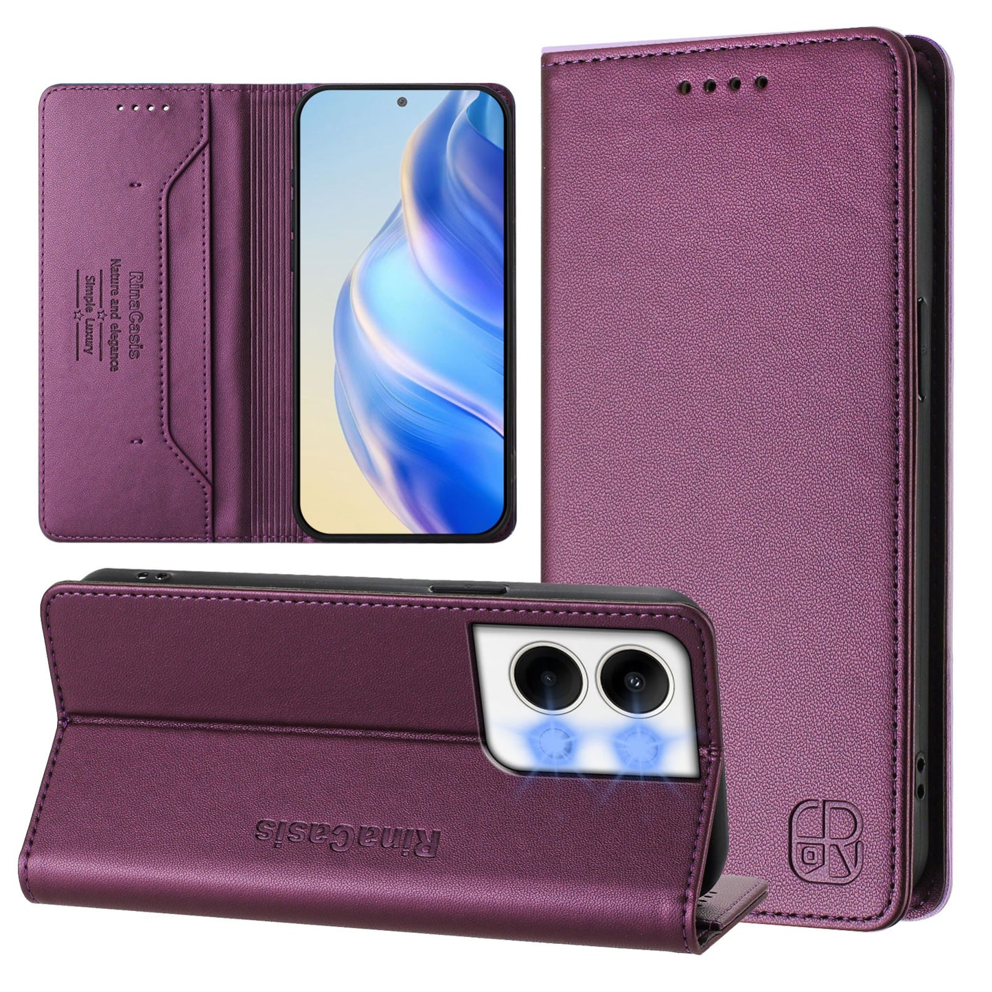 OPPO Reno9 Pro 5G Dual-Folded Magnetic Suction RFID Blocking PU Leather Wallet Phone Case with Card Slots, Cash Pocket, Kickstand, Full Protective Flip Cover