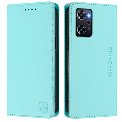 OPPO Reno9 A Dual-Folded Magnetic Suction RFID Blocking PU Leather Wallet Phone Case with Card Slots, Cash Pocket, Kickstand, Full Protective Flip Cover