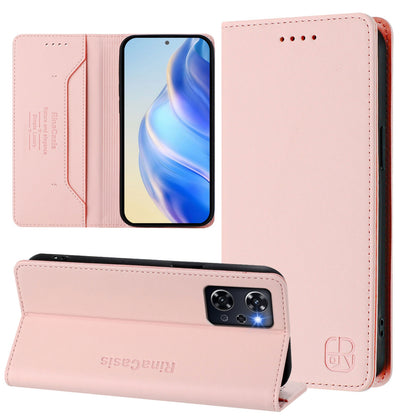OPPO Reno9 A Dual-Folded Magnetic Suction RFID Blocking PU Leather Wallet Phone Case with Card Slots, Cash Pocket, Kickstand, Full Protective Flip Cover