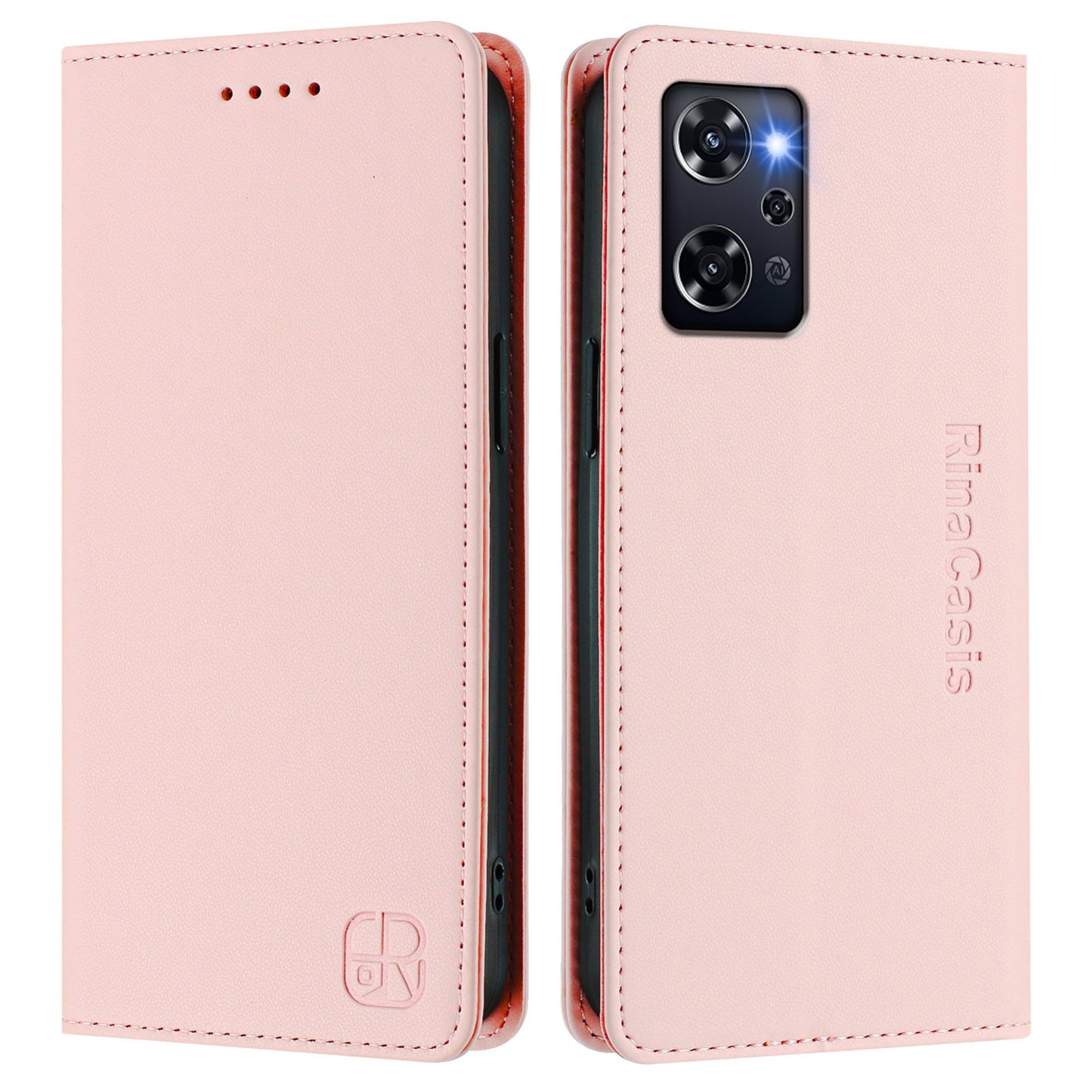 OPPO Reno9 A Dual-Folded Magnetic Suction RFID Blocking PU Leather Wallet Phone Case with Card Slots, Cash Pocket, Kickstand, Full Protective Flip Cover