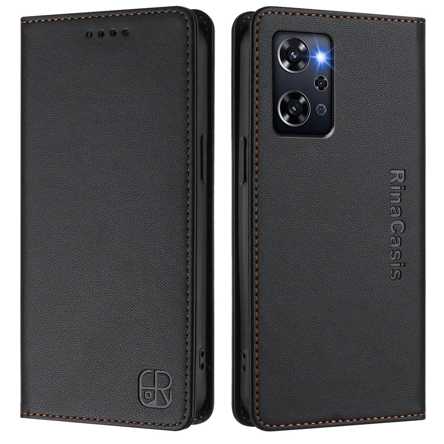 OPPO Reno9 A Dual-Folded Magnetic Suction RFID Blocking PU Leather Wallet Phone Case with Card Slots, Cash Pocket, Kickstand, Full Protective Flip Cover