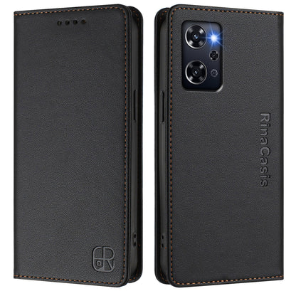 OPPO Reno9 A Dual-Folded Magnetic Suction RFID Blocking PU Leather Wallet Phone Case with Card Slots, Cash Pocket, Kickstand, Full Protective Flip Cover