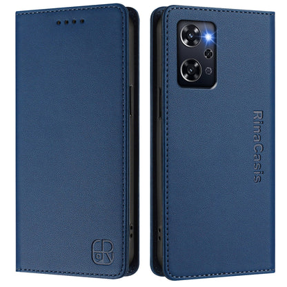 OPPO Reno9 A Dual-Folded Magnetic Suction RFID Blocking PU Leather Wallet Phone Case with Card Slots, Cash Pocket, Kickstand, Full Protective Flip Cover