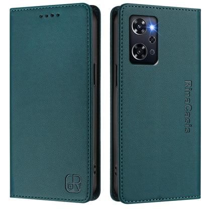 OPPO Reno9 A Dual-Folded Magnetic Suction RFID Blocking PU Leather Wallet Phone Case with Card Slots, Cash Pocket, Kickstand, Full Protective Flip Cover