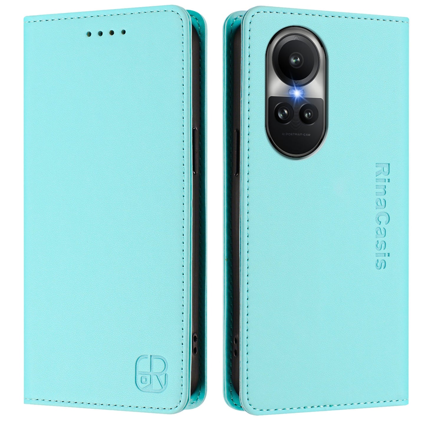OPPO Reno10 Pro Dual-Folded Magnetic Suction RFID Blocking PU Leather Wallet Phone Case with Card Slots, Cash Pocket, Kickstand, Full Protective Flip Cover
