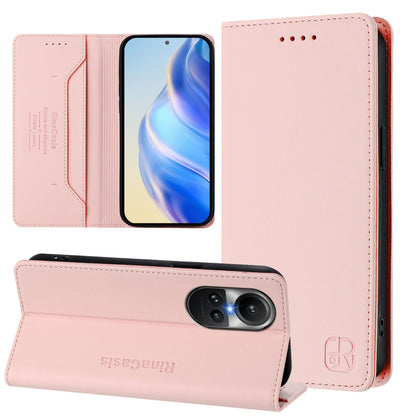 OPPO Reno10 Dual-Folded Magnetic Suction RFID Blocking PU Leather Wallet Phone Case with Card Slots, Cash Pocket, Kickstand, Full Protective Flip Cover