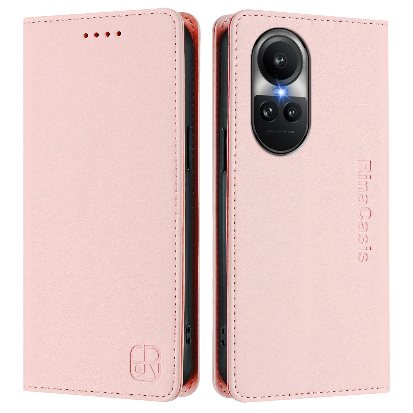 OPPO Reno10 Pro Dual-Folded Magnetic Suction RFID Blocking PU Leather Wallet Phone Case with Card Slots, Cash Pocket, Kickstand, Full Protective Flip Cover