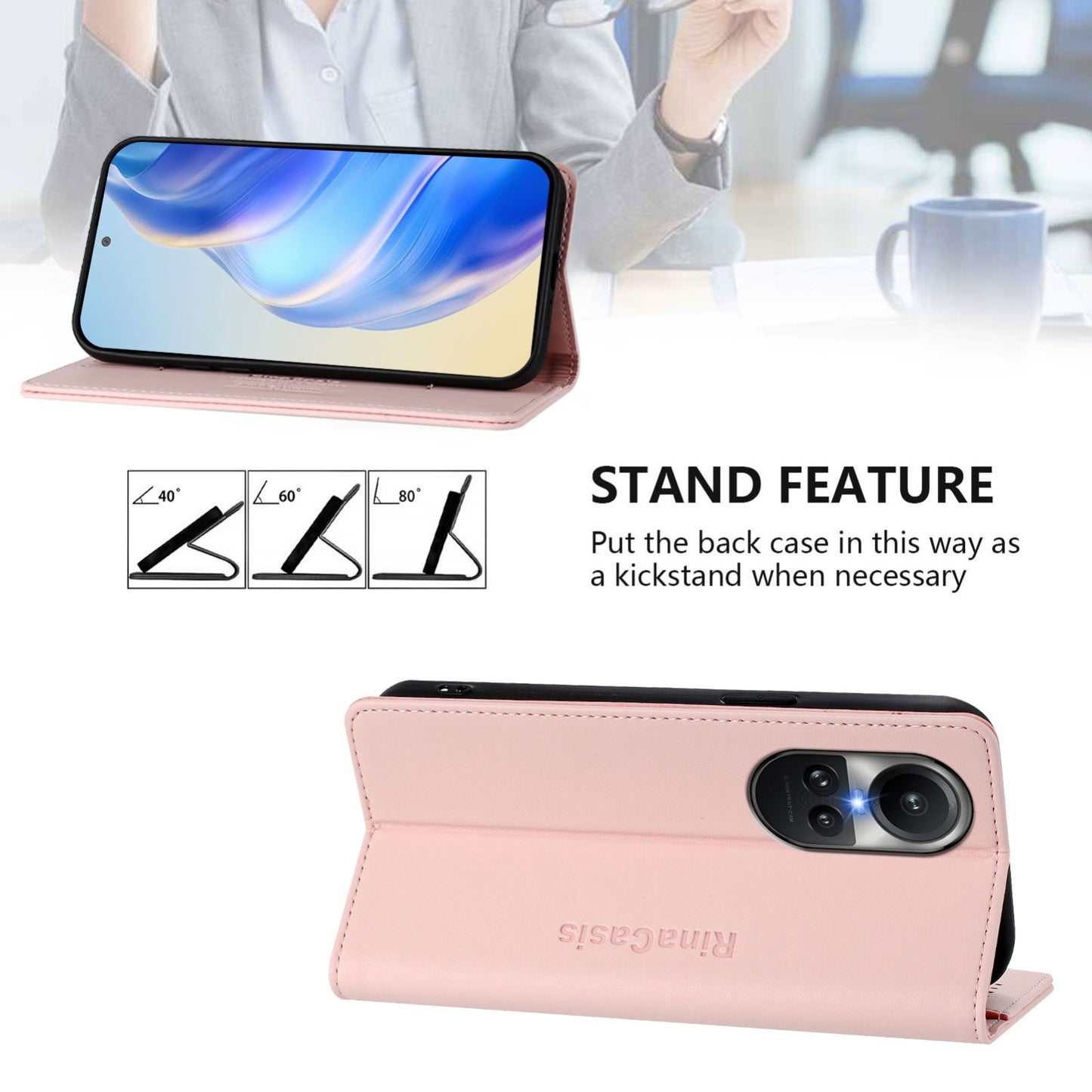 OPPO Reno10 Dual-Folded Magnetic Suction RFID Blocking PU Leather Wallet Phone Case with Card Slots, Cash Pocket, Kickstand, Full Protective Flip Cover