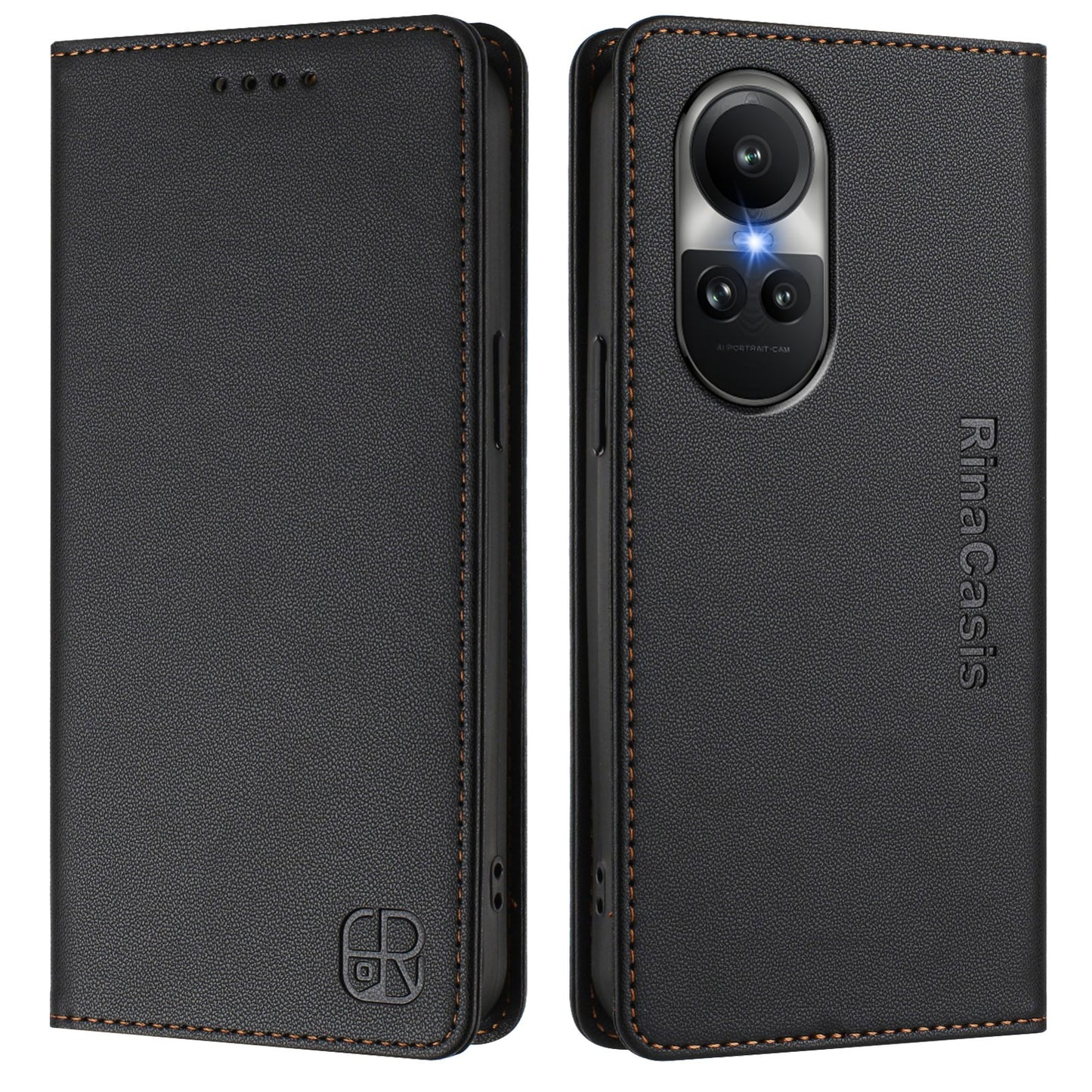 OPPO Reno10 Pro Dual-Folded Magnetic Suction RFID Blocking PU Leather Wallet Phone Case with Card Slots, Cash Pocket, Kickstand, Full Protective Flip Cover