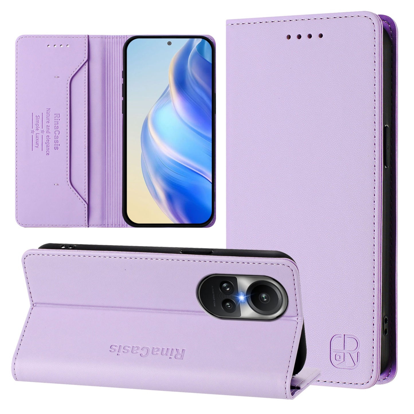OPPO Reno10 Dual-Folded Magnetic Suction RFID Blocking PU Leather Wallet Phone Case with Card Slots, Cash Pocket, Kickstand, Full Protective Flip Cover