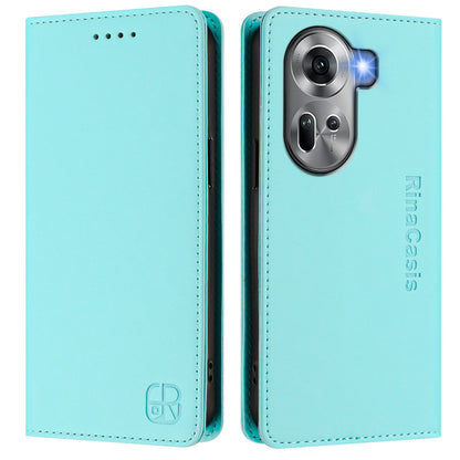 OPPO Reno11 5G Dual-Folded Magnetic Suction RFID Blocking PU Leather Wallet Phone Case with Card Slots, Cash Pocket, Kickstand, Full Protective Flip Cover