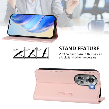 OPPO Reno11 5G Dual-Folded Magnetic Suction RFID Blocking PU Leather Wallet Phone Case with Card Slots, Cash Pocket, Kickstand, Full Protective Flip Cover