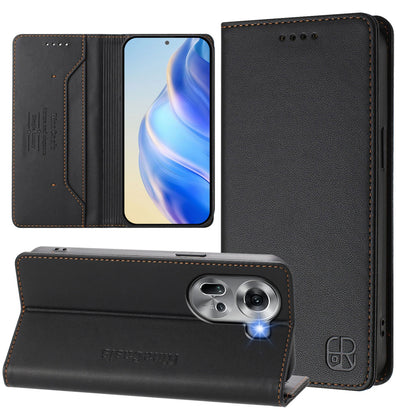 OPPO Reno11 5G Dual-Folded Magnetic Suction RFID Blocking PU Leather Wallet Phone Case with Card Slots, Cash Pocket, Kickstand, Full Protective Flip Cover