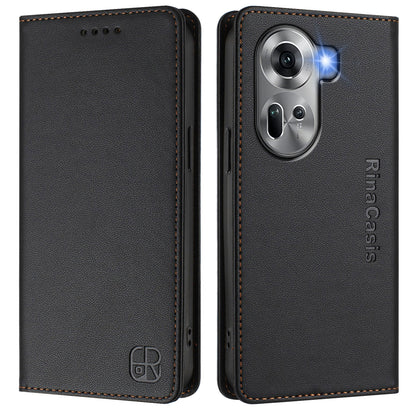 OPPO Reno11 5G Dual-Folded Magnetic Suction RFID Blocking PU Leather Wallet Phone Case with Card Slots, Cash Pocket, Kickstand, Full Protective Flip Cover
