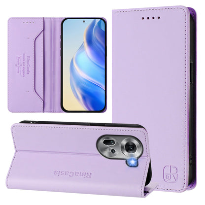 OPPO Reno11 5G Dual-Folded Magnetic Suction RFID Blocking PU Leather Wallet Phone Case with Card Slots, Cash Pocket, Kickstand, Full Protective Flip Cover