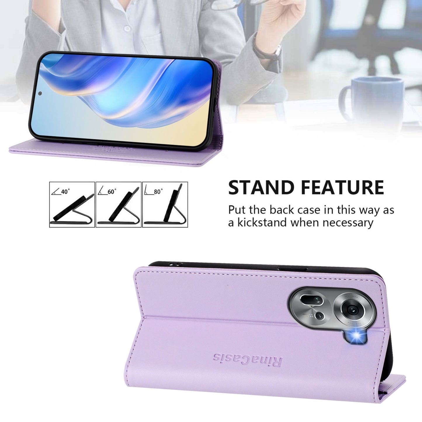 OPPO Reno11 5G Dual-Folded Magnetic Suction RFID Blocking PU Leather Wallet Phone Case with Card Slots, Cash Pocket, Kickstand, Full Protective Flip Cover