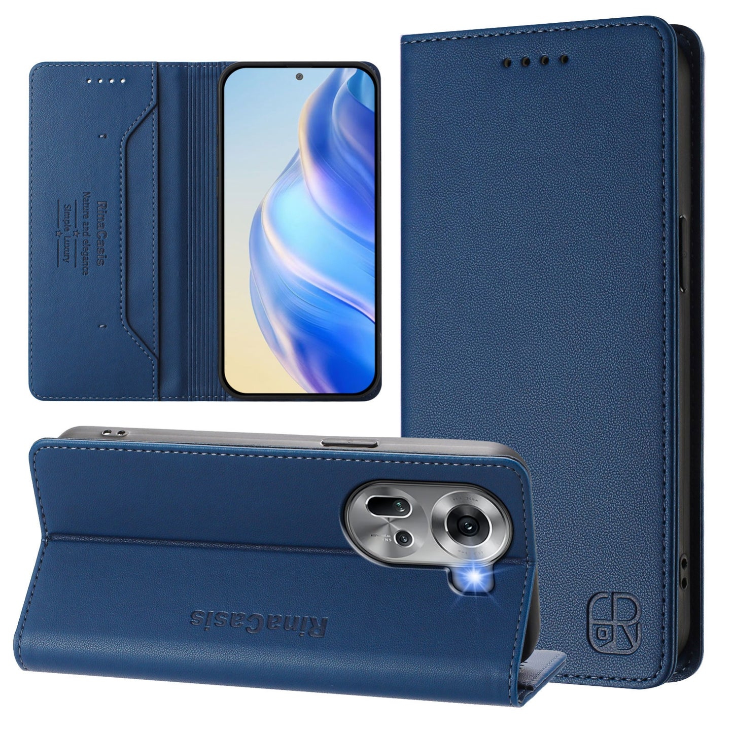 OPPO Reno11 5G Dual-Folded Magnetic Suction RFID Blocking PU Leather Wallet Phone Case with Card Slots, Cash Pocket, Kickstand, Full Protective Flip Cover