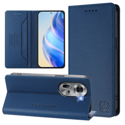 OPPO Reno11 5G Dual-Folded Magnetic Suction RFID Blocking PU Leather Wallet Phone Case with Card Slots, Cash Pocket, Kickstand, Full Protective Flip Cover