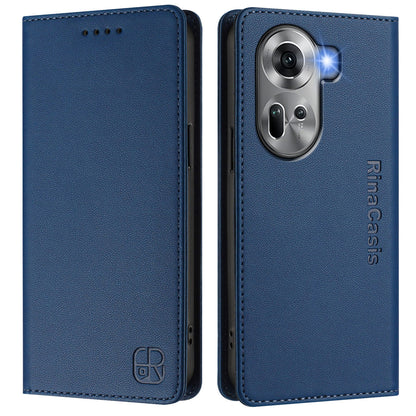 OPPO Reno11 5G Dual-Folded Magnetic Suction RFID Blocking PU Leather Wallet Phone Case with Card Slots, Cash Pocket, Kickstand, Full Protective Flip Cover