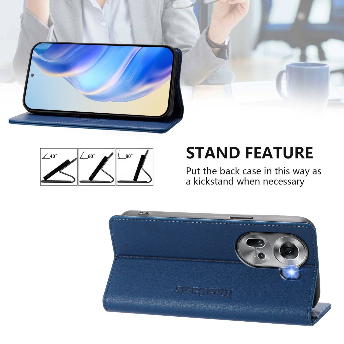 OPPO Reno11 5G Dual-Folded Magnetic Suction RFID Blocking PU Leather Wallet Phone Case with Card Slots, Cash Pocket, Kickstand, Full Protective Flip Cover