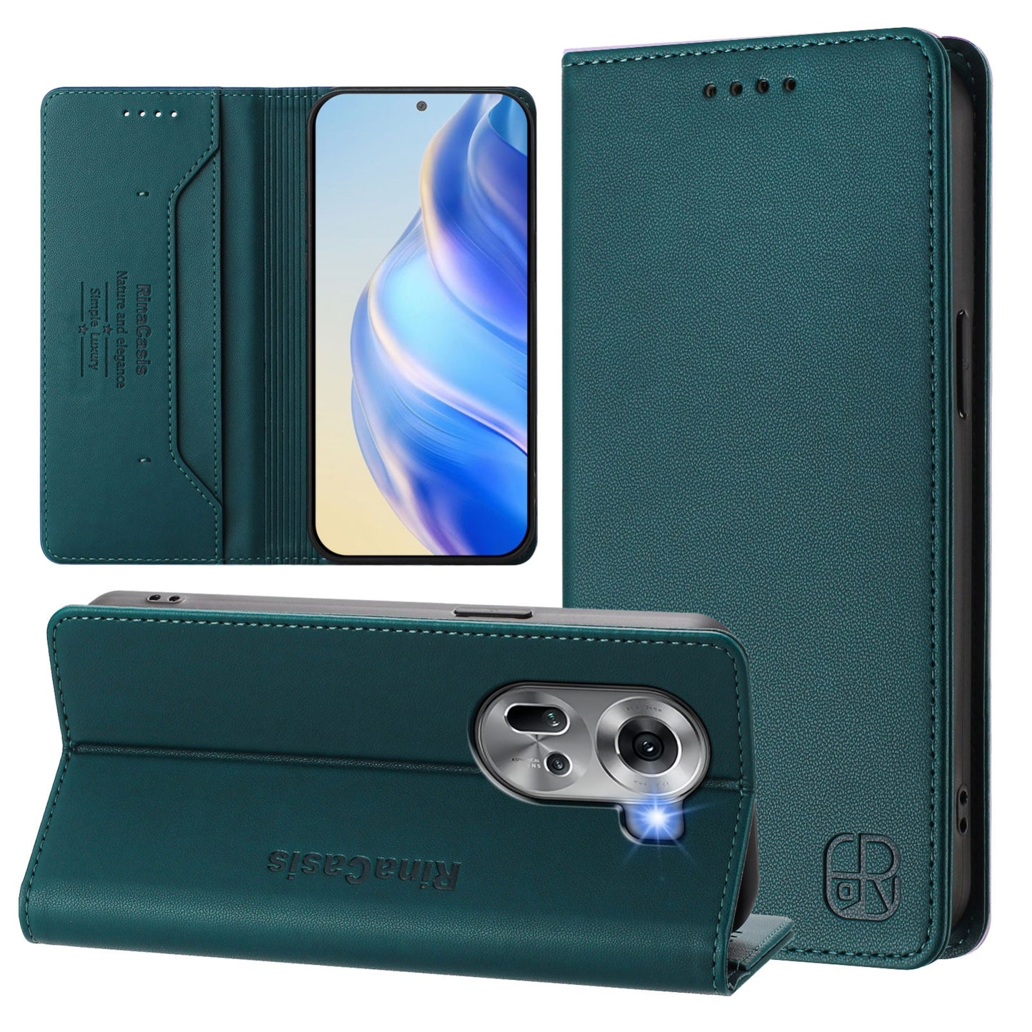 OPPO Reno11 5G Dual-Folded Magnetic Suction RFID Blocking PU Leather Wallet Phone Case with Card Slots, Cash Pocket, Kickstand, Full Protective Flip Cover