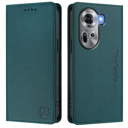 OPPO Reno11 5G Dual-Folded Magnetic Suction RFID Blocking PU Leather Wallet Phone Case with Card Slots, Cash Pocket, Kickstand, Full Protective Flip Cover