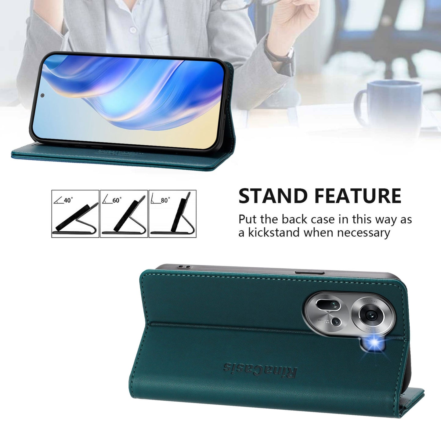 OPPO Reno11 5G Dual-Folded Magnetic Suction RFID Blocking PU Leather Wallet Phone Case with Card Slots, Cash Pocket, Kickstand, Full Protective Flip Cover