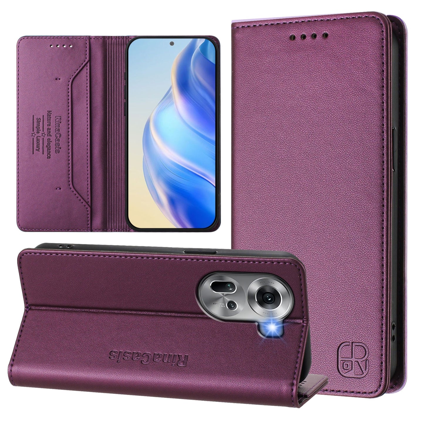 OPPO Reno11 5G Dual-Folded Magnetic Suction RFID Blocking PU Leather Wallet Phone Case with Card Slots, Cash Pocket, Kickstand, Full Protective Flip Cover