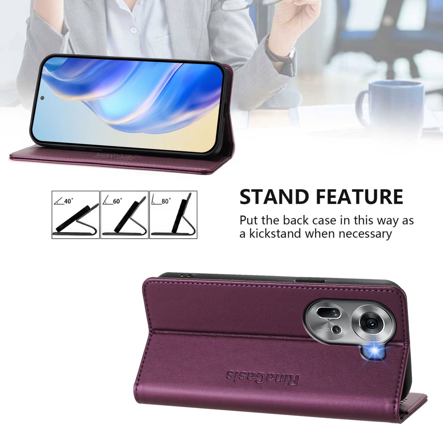 OPPO Reno11 5G Dual-Folded Magnetic Suction RFID Blocking PU Leather Wallet Phone Case with Card Slots, Cash Pocket, Kickstand, Full Protective Flip Cover