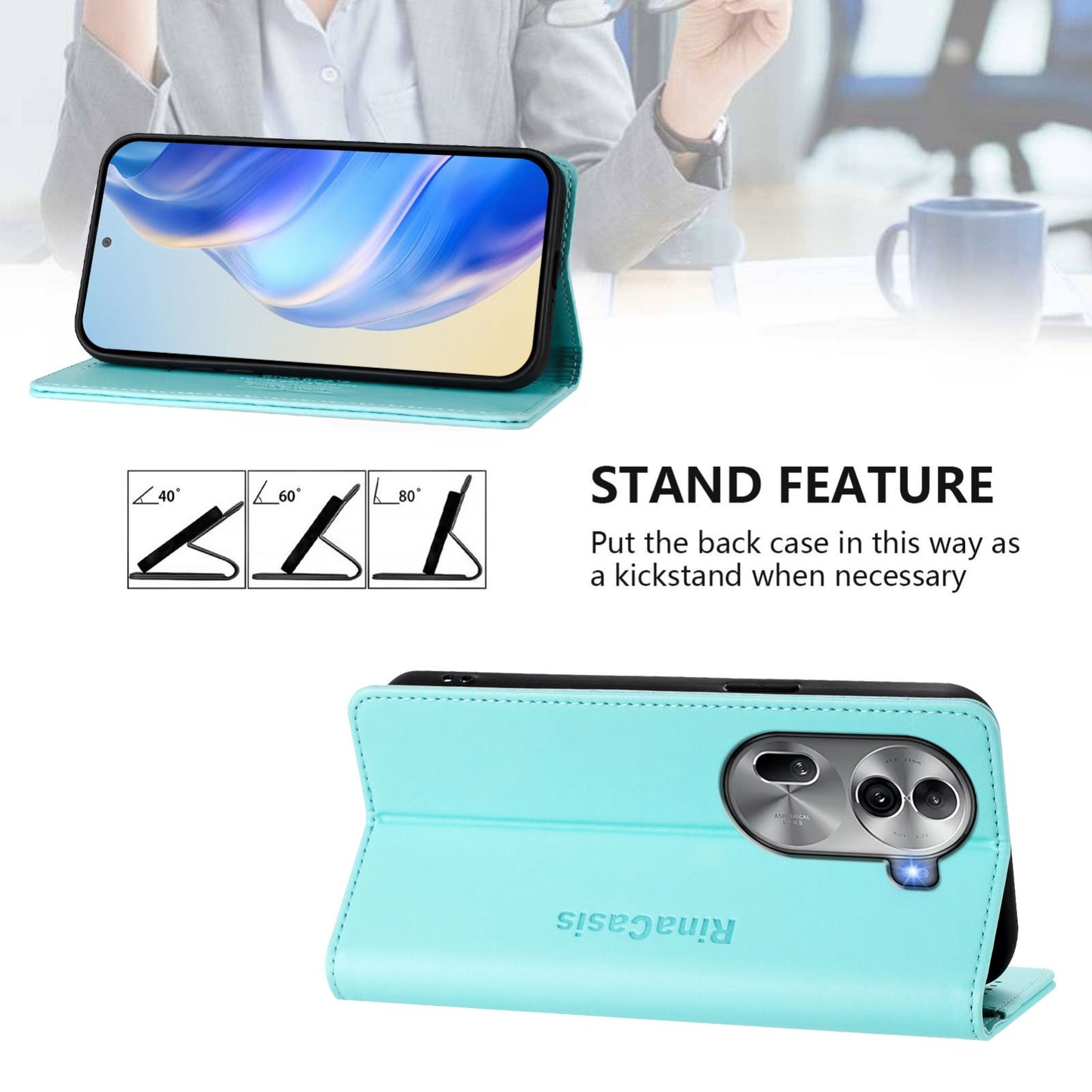 OPPO Reno11 Pro 5G Dual-Folded Magnetic Suction RFID Blocking PU Leather Wallet Phone Case with Card Slots, Cash Pocket, Kickstand, Full Protective Flip Cover