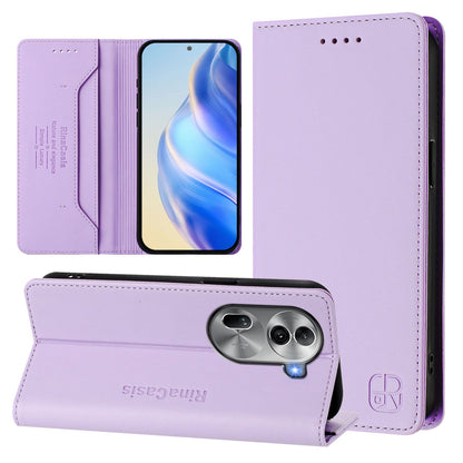OPPO Reno11 Pro 5G Dual-Folded Magnetic Suction RFID Blocking PU Leather Wallet Phone Case with Card Slots, Cash Pocket, Kickstand, Full Protective Flip Cover