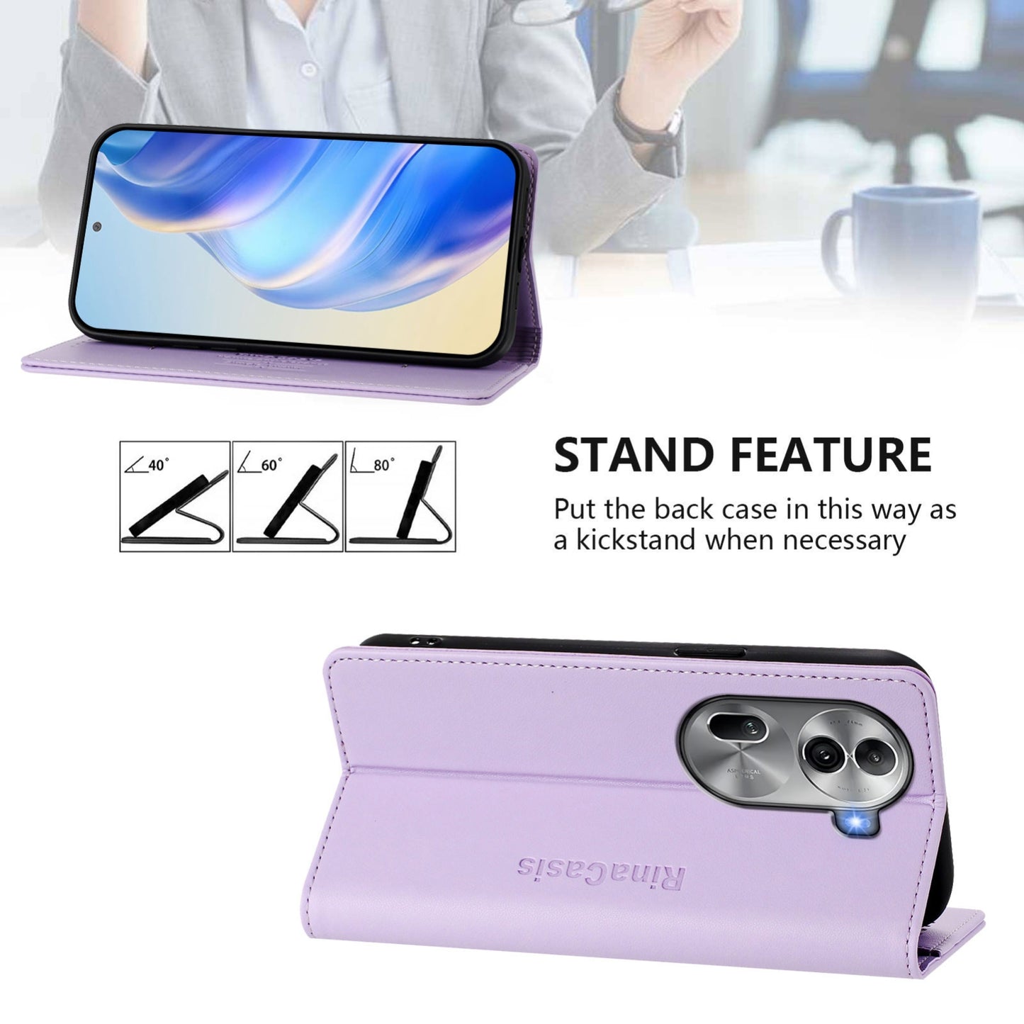OPPO Reno11 Pro 5G Dual-Folded Magnetic Suction RFID Blocking PU Leather Wallet Phone Case with Card Slots, Cash Pocket, Kickstand, Full Protective Flip Cover