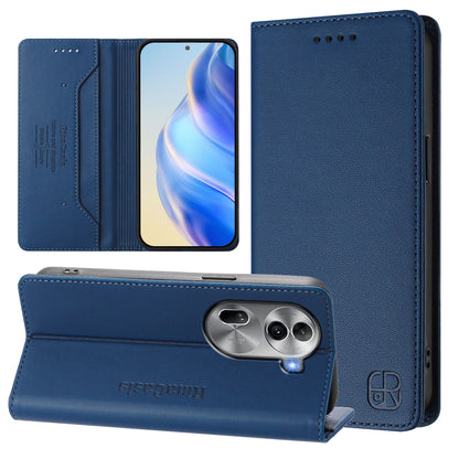 OPPO Reno11 Pro 5G Dual-Folded Magnetic Suction RFID Blocking PU Leather Wallet Phone Case with Card Slots, Cash Pocket, Kickstand, Full Protective Flip Cover