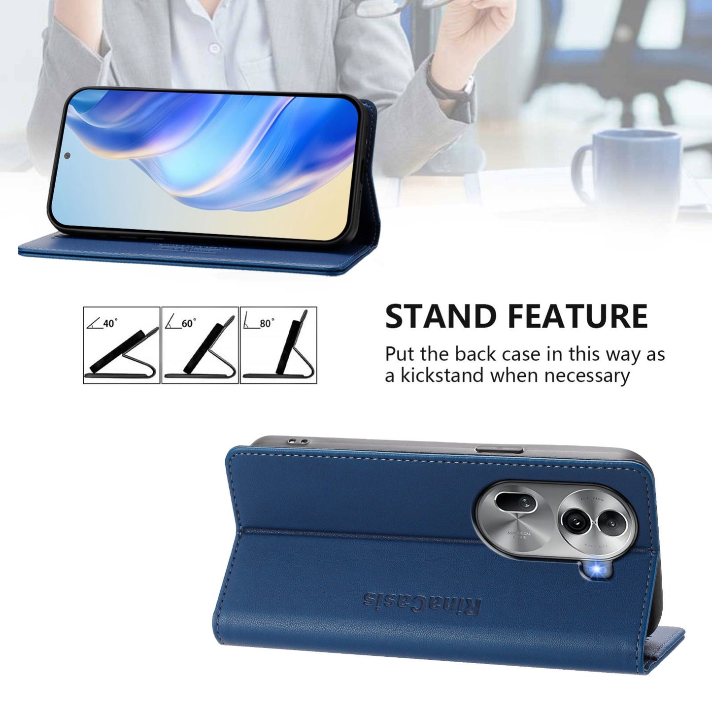 OPPO Reno11 Pro 5G Dual-Folded Magnetic Suction RFID Blocking PU Leather Wallet Phone Case with Card Slots, Cash Pocket, Kickstand, Full Protective Flip Cover