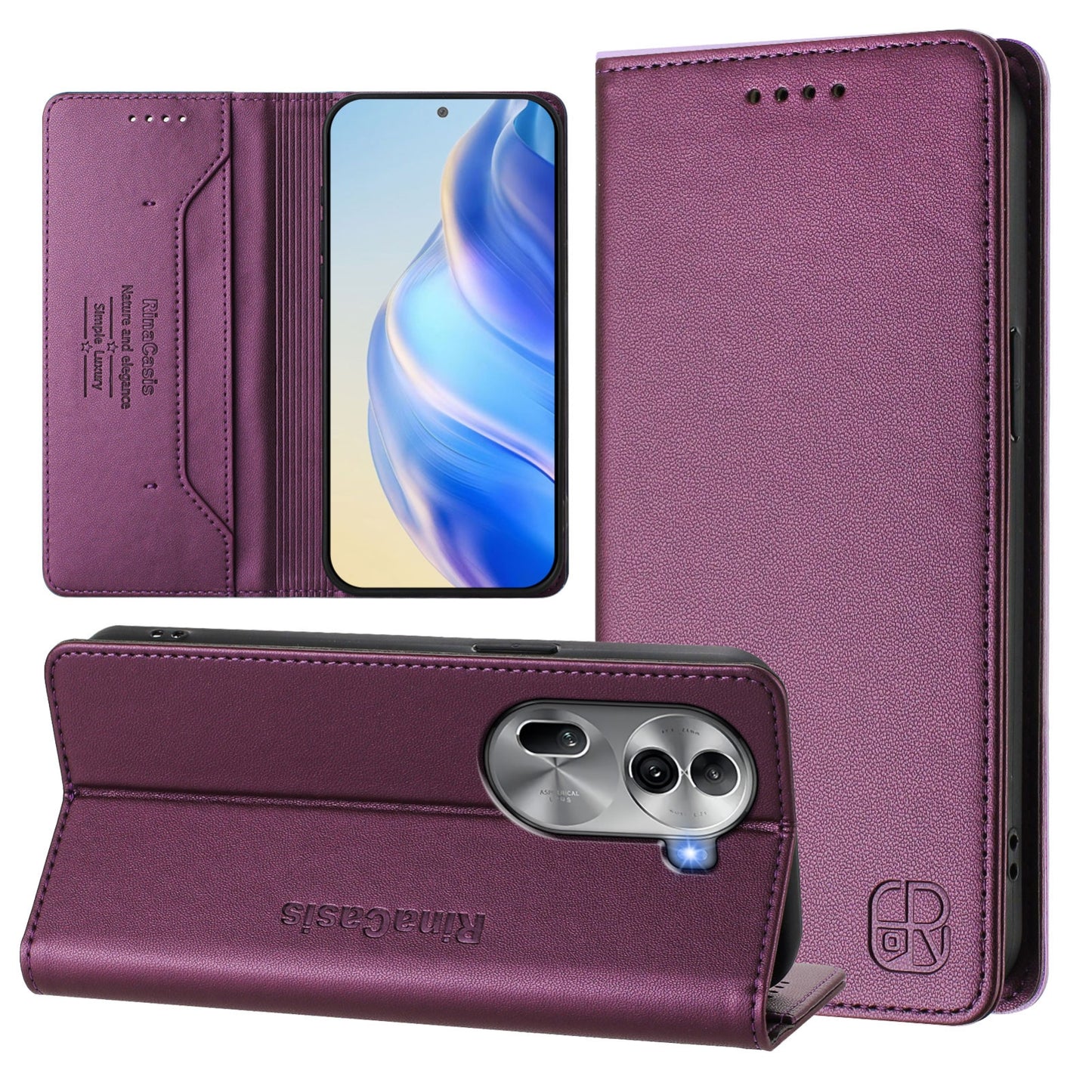 OPPO Reno11 Pro 5G Dual-Folded Magnetic Suction RFID Blocking PU Leather Wallet Phone Case with Card Slots, Cash Pocket, Kickstand, Full Protective Flip Cover