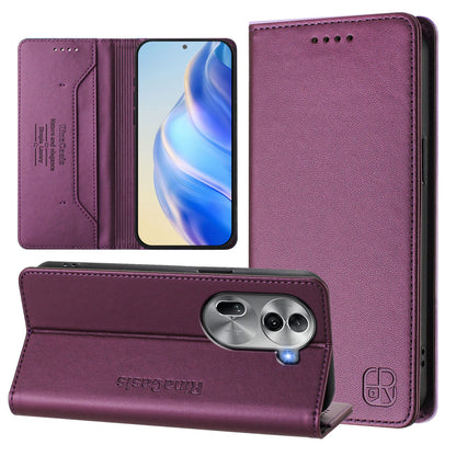 OPPO Reno11 Pro 5G Dual-Folded Magnetic Suction RFID Blocking PU Leather Wallet Phone Case with Card Slots, Cash Pocket, Kickstand, Full Protective Flip Cover