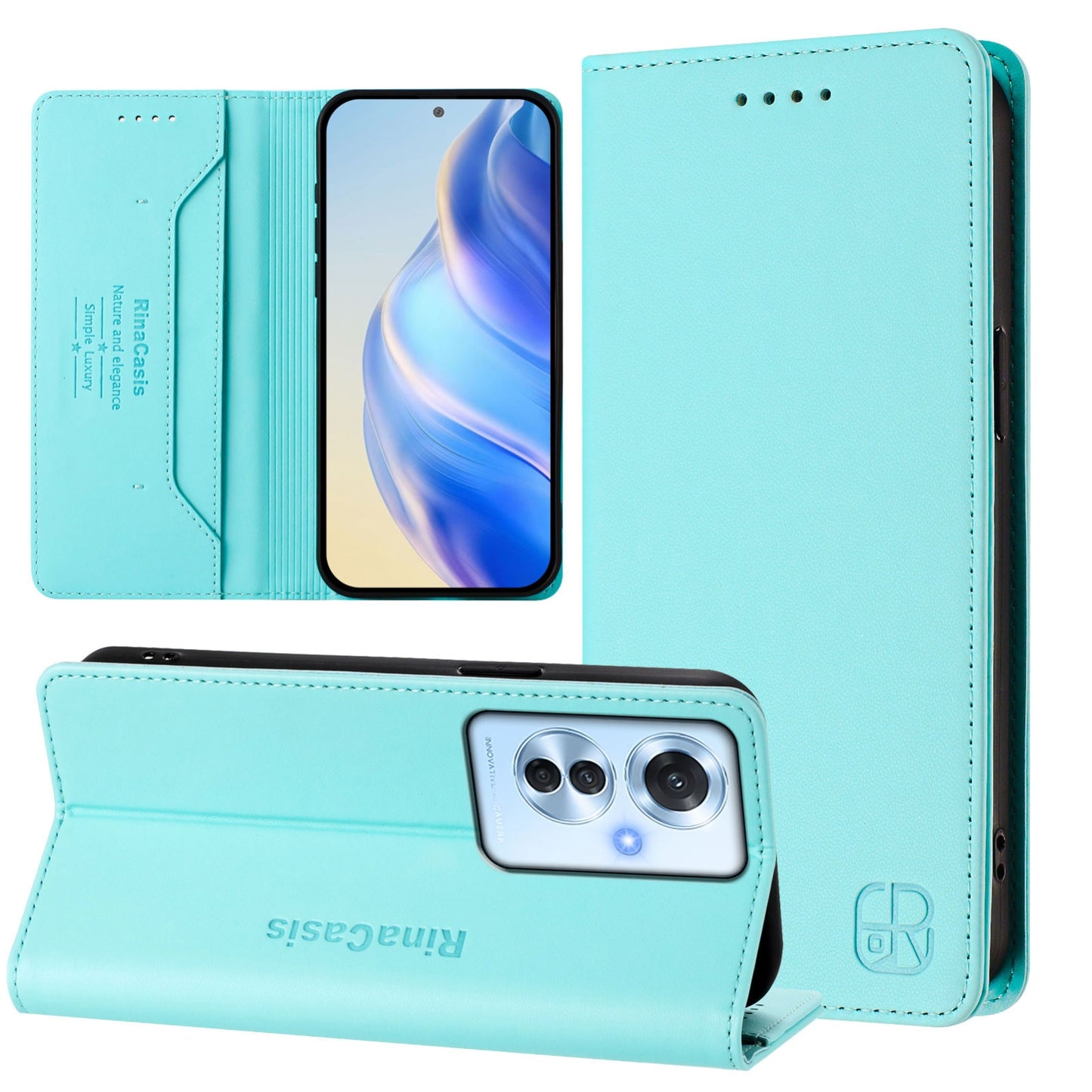 OPPO Reno11 F 5G Dual-Folded Magnetic Suction RFID Blocking PU Leather Wallet Phone Case with Card Slots, Cash Pocket, Kickstand, Full Protective Flip Cover