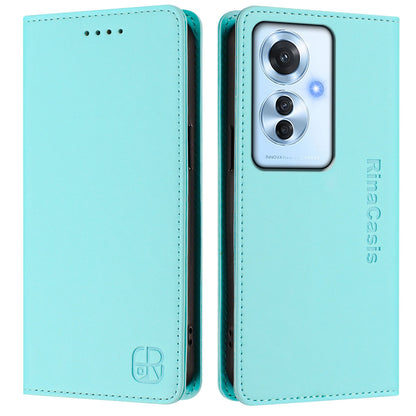 OPPO Reno11 F 5G Dual-Folded Magnetic Suction RFID Blocking PU Leather Wallet Phone Case with Card Slots, Cash Pocket, Kickstand, Full Protective Flip Cover