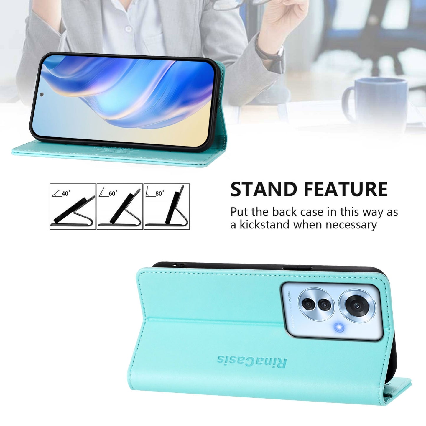 OPPO Reno11 F 5G Dual-Folded Magnetic Suction RFID Blocking PU Leather Wallet Phone Case with Card Slots, Cash Pocket, Kickstand, Full Protective Flip Cover