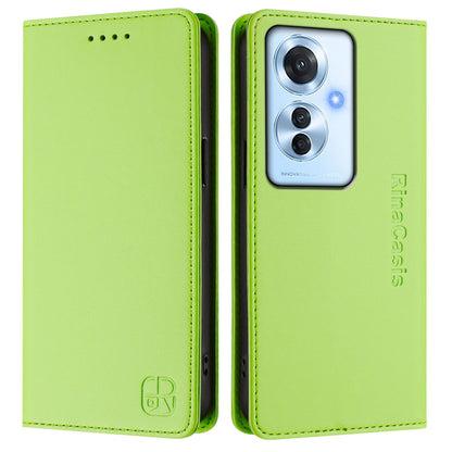 OPPO Reno11 F 5G Dual-Folded Magnetic Suction RFID Blocking PU Leather Wallet Phone Case with Card Slots, Cash Pocket, Kickstand, Full Protective Flip Cover